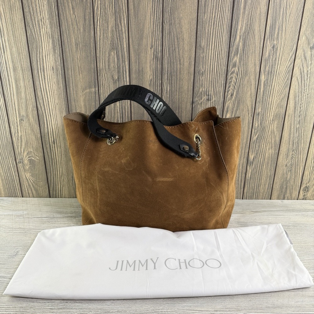 Jimmy Choo Flo Brown Suede Tote Bag Gold Chain Logo Handles Italy Dust Bag